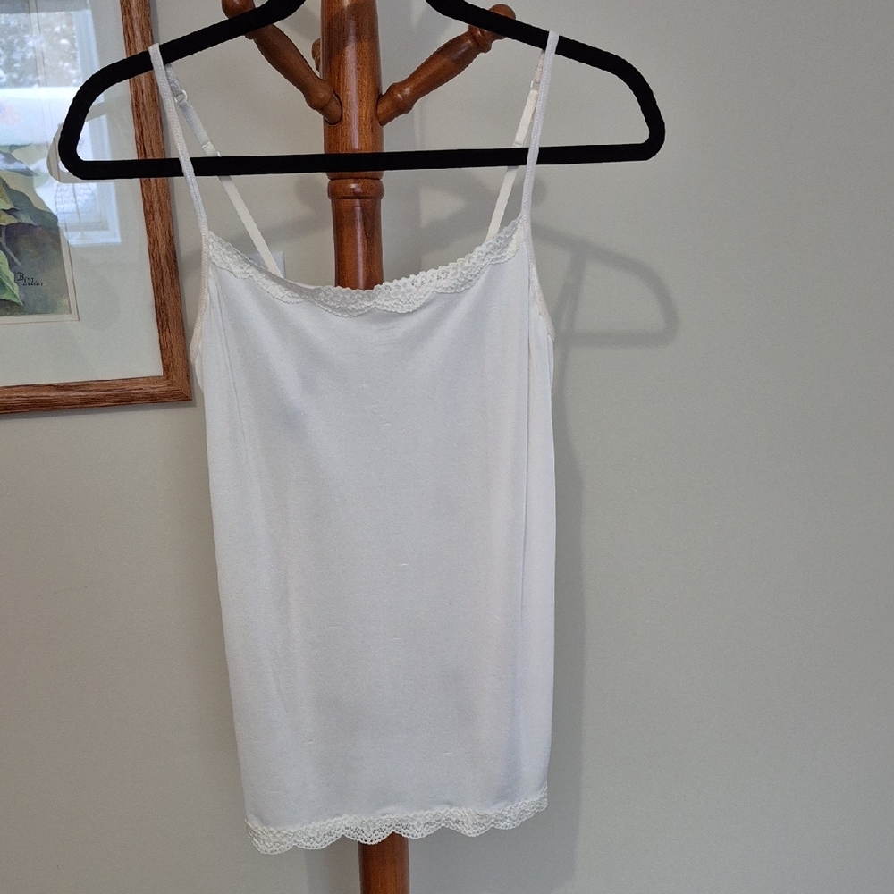 CAMISOLE, White, Silky, Lace Trim, Large